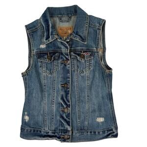Hollister Women's XS Denim Vest Blue Jean Button Front Sleeveless 100% Cotton